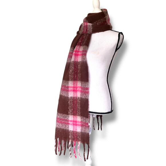 Anthropology Fringe Trim Blanket Scarf Brown Pink Plaid 100% Recycled Polyester - Picture 5 of 9